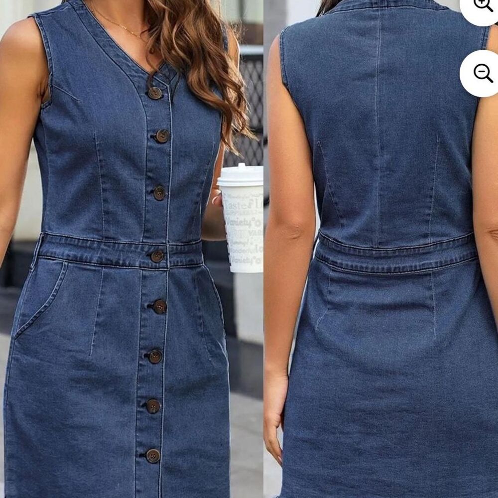 Women's Summer Sleeveless V-Neck Knee-High Solid Color Denim Buttons Dress
